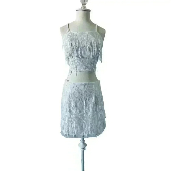 NWT Lulus Dancing in a Dream White Fringe Lace-Up Two-Piece Mini Dress M - Picture 6 of 10